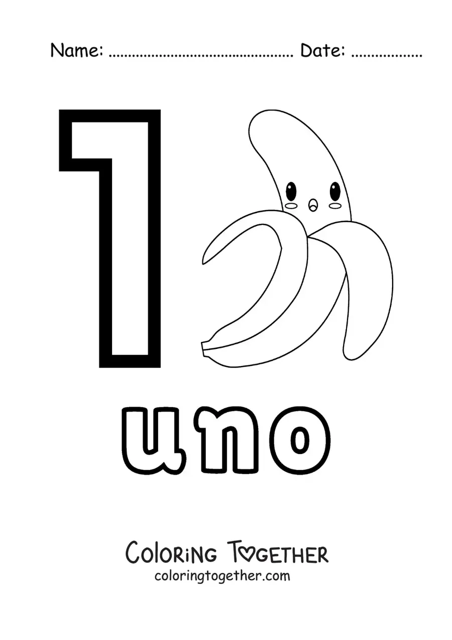 Coloring page of a number 1 card to learn to count with fruits