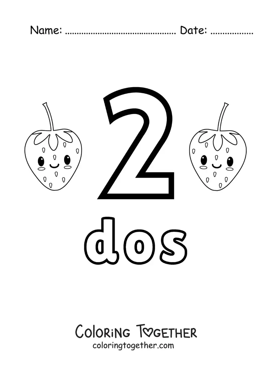 Coloring page of a number 2 card to learn to count with fruits