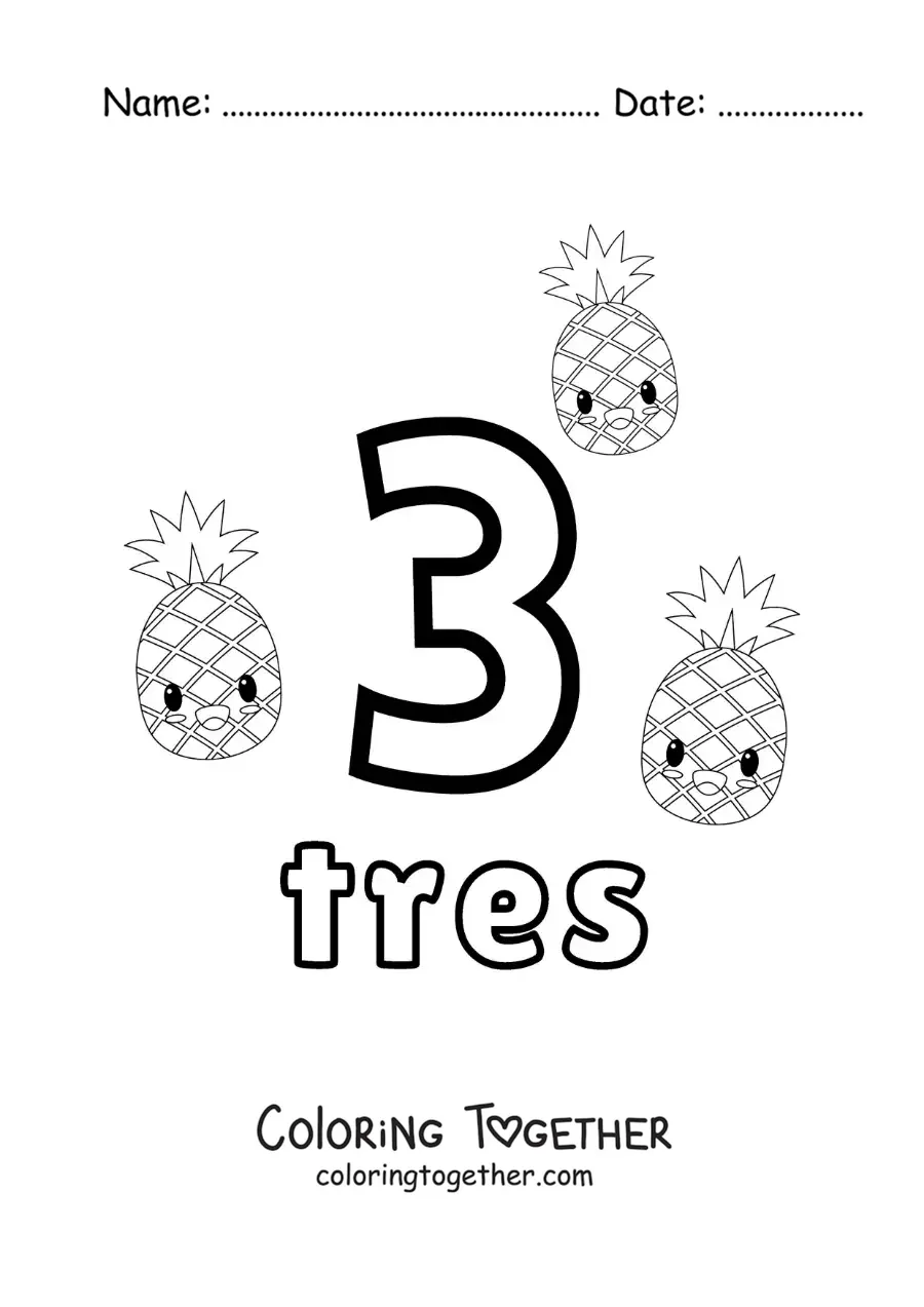 Coloring page of a number 3 card to learn to count with fruits