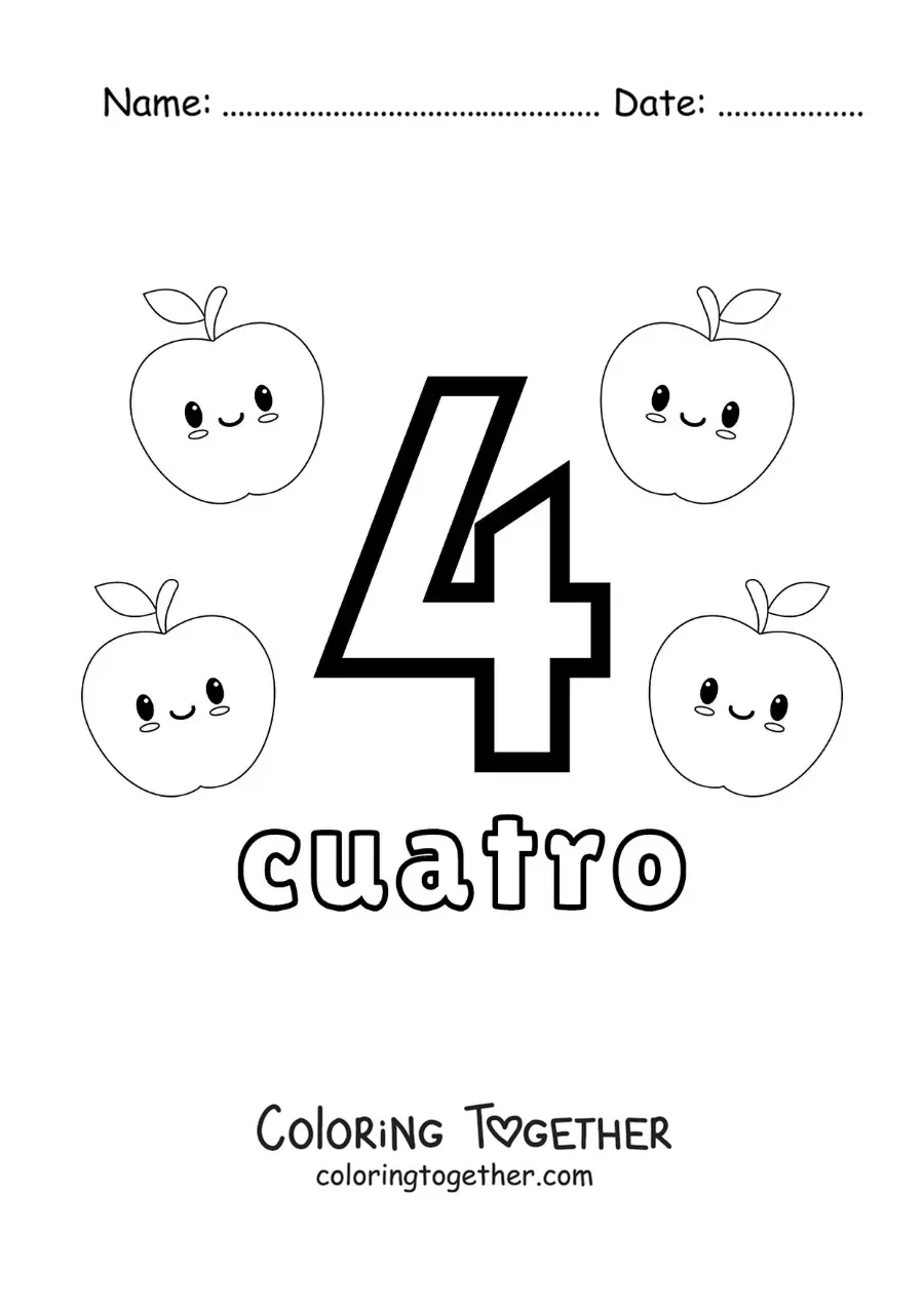 Coloring page of a number 4 card to learn to count with fruits