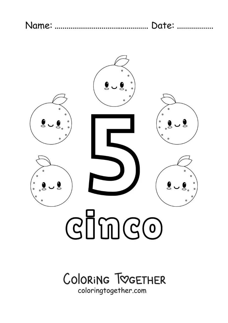 Coloring page of a number 5 card to learn to count with fruits