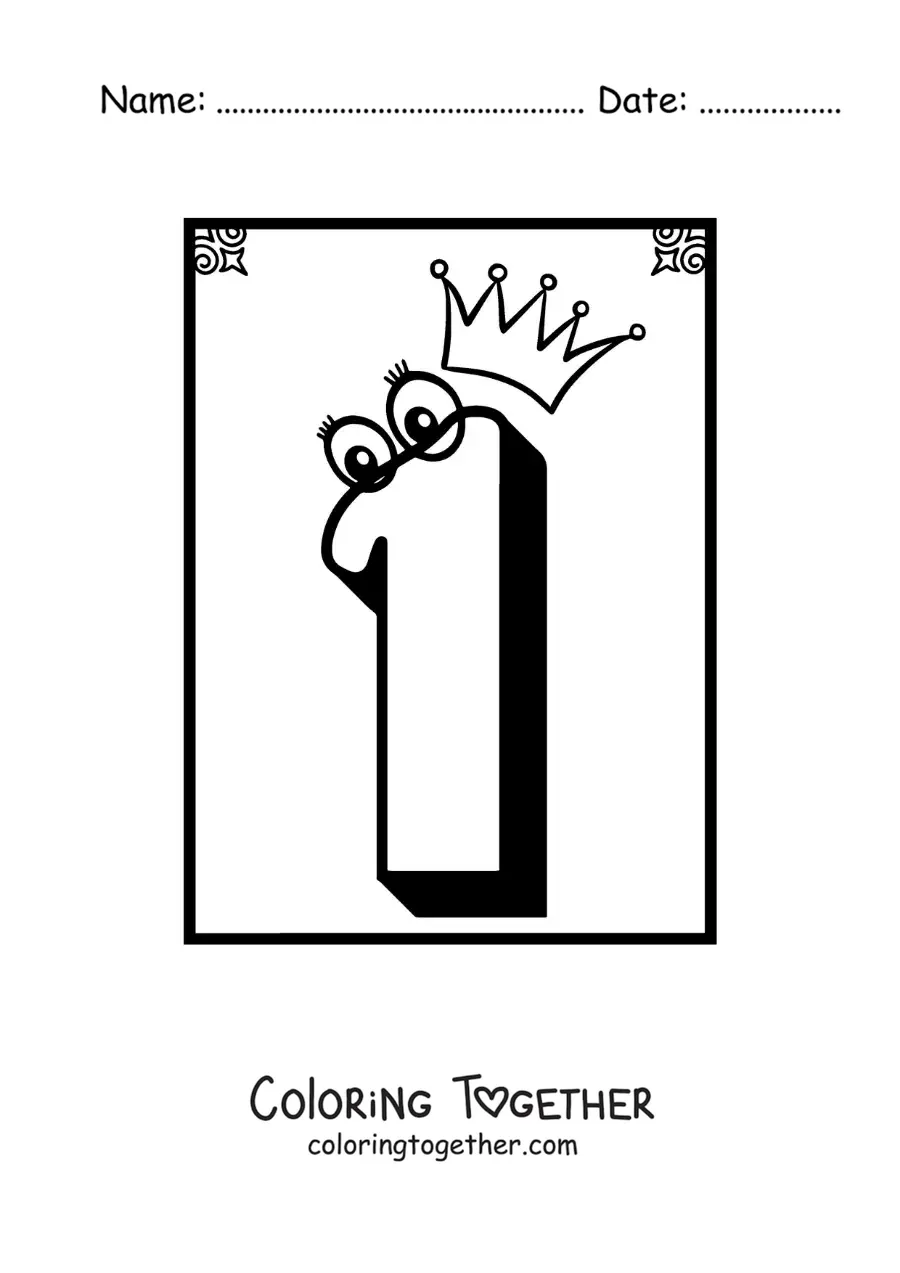 Coloring page of an animated number 1 worksheet to learn to count
