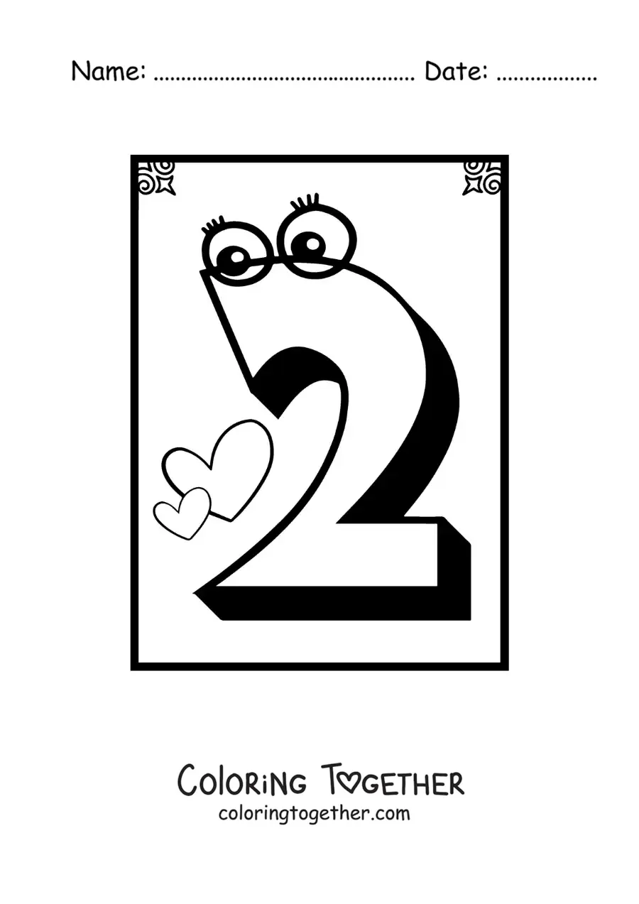 Coloring page of an animated number 2 worksheet to learn to count