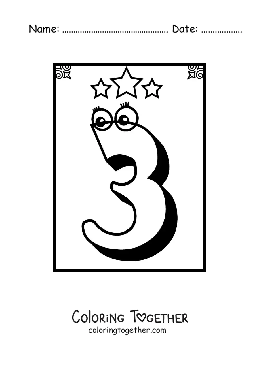 Coloring page of an animated number 3 worksheet to learn to count