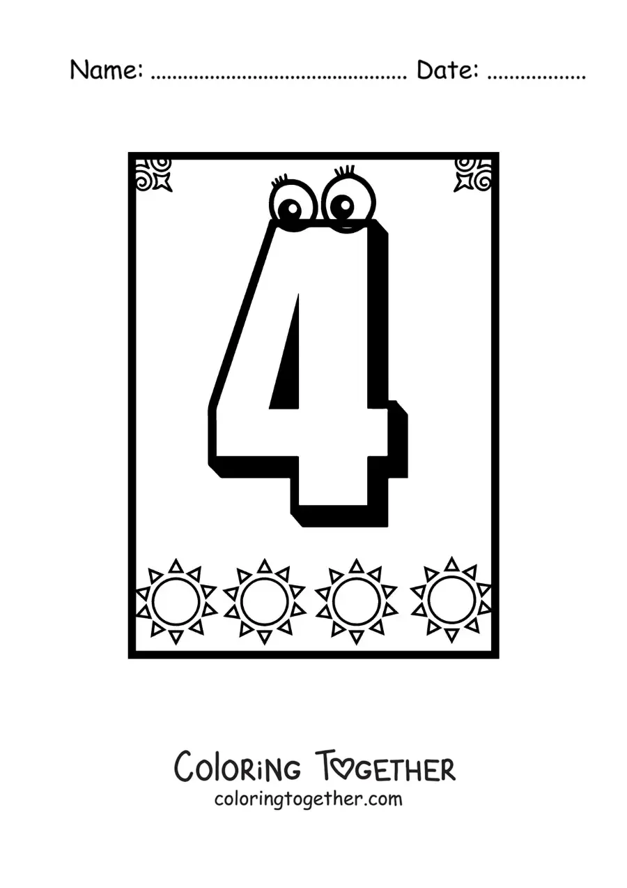 Coloring page of an animated number 4 worksheet to learn to count