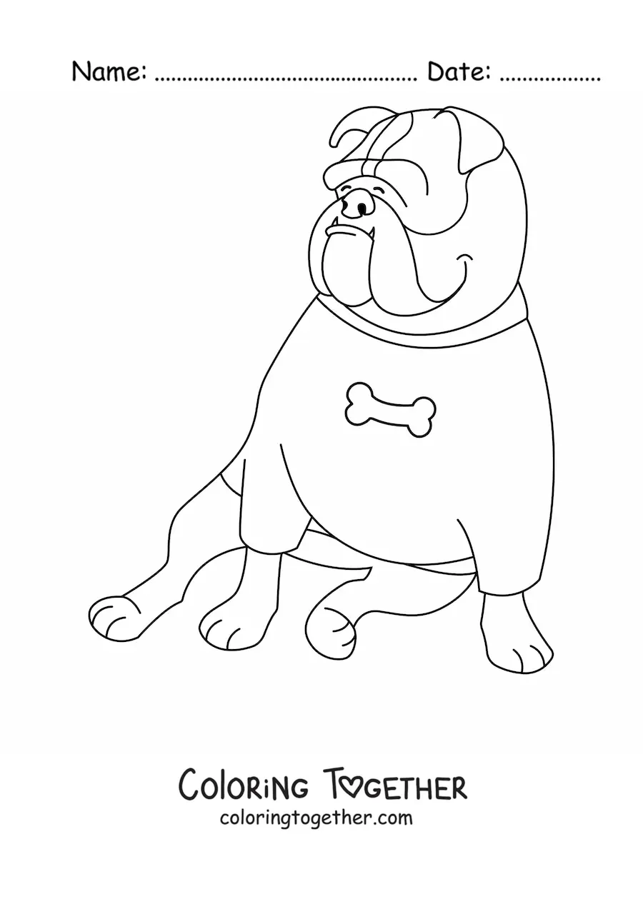 Coloring page of a bulldog sitting and wearing a shirt with a bone print