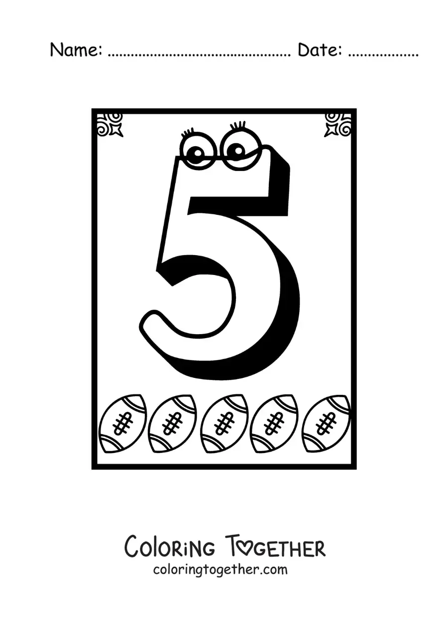 Coloring page of an animated number 5 worksheet to learn to count