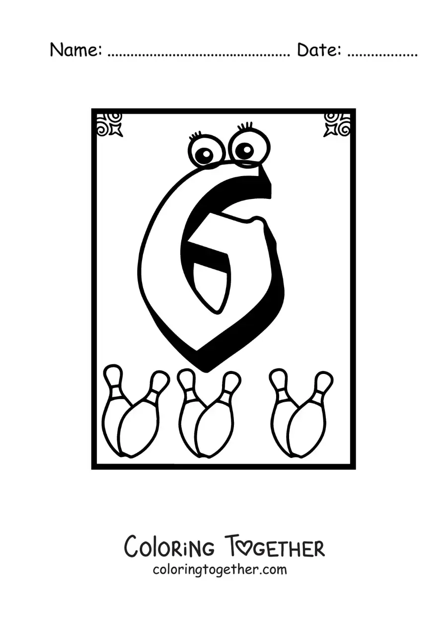 Coloring page of an animated number 6 worksheet to learn to count
