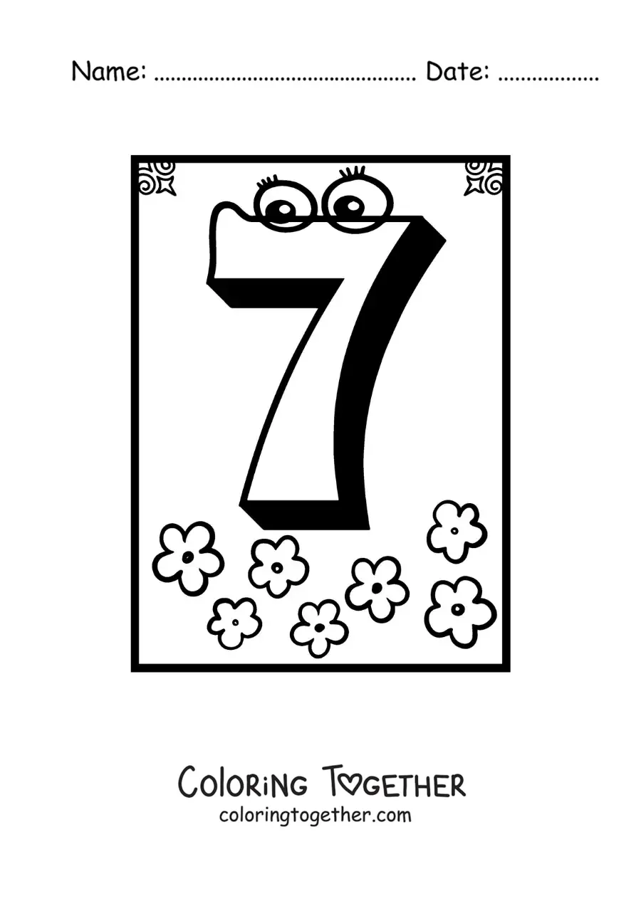 Coloring page of an animated number 7 worksheet to learn to count