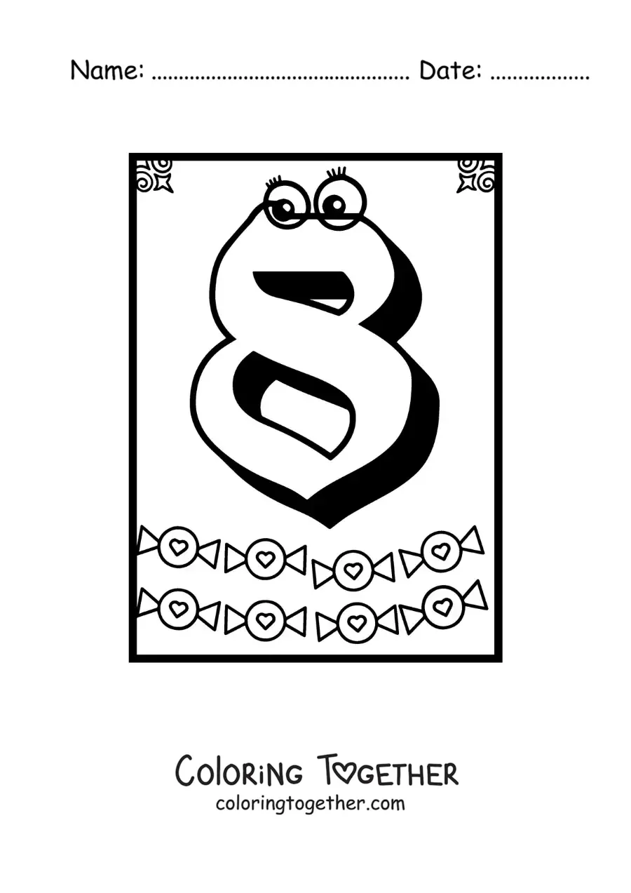 Coloring page of an animated number 8 worksheet to learn to count