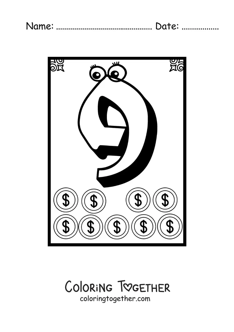 Coloring page of an animated number 9 worksheet to learn to count