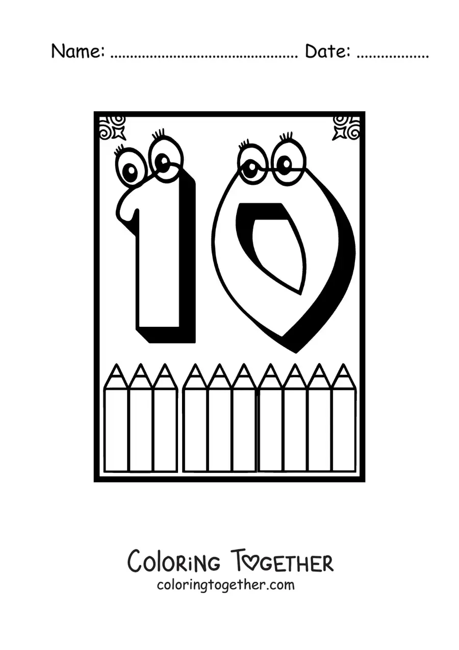Coloring page of an animated number 10 worksheet to learn to count