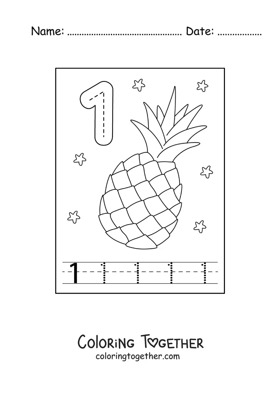 Coloring page of a card to learn to trace the number 1 and count with fruits