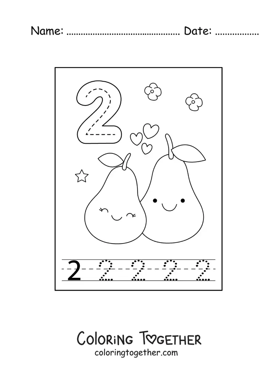 Coloring page of a card to learn to trace the number 2 and count with fruits