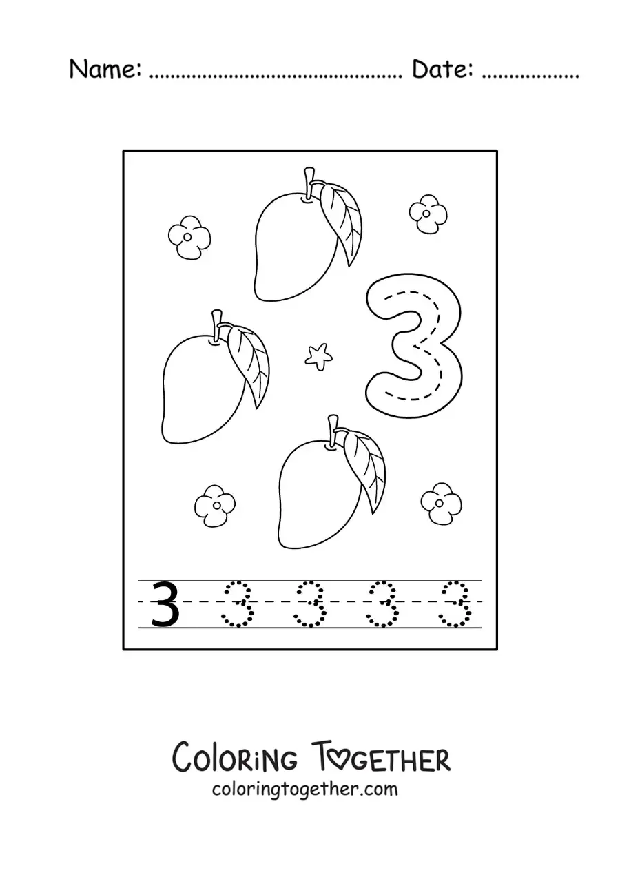 Coloring page of a card to learn to trace the number 3 and count with fruits