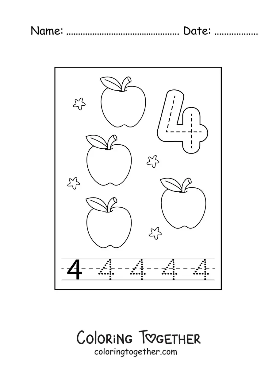 Coloring page of a card to learn to trace the number 4 and count with fruits