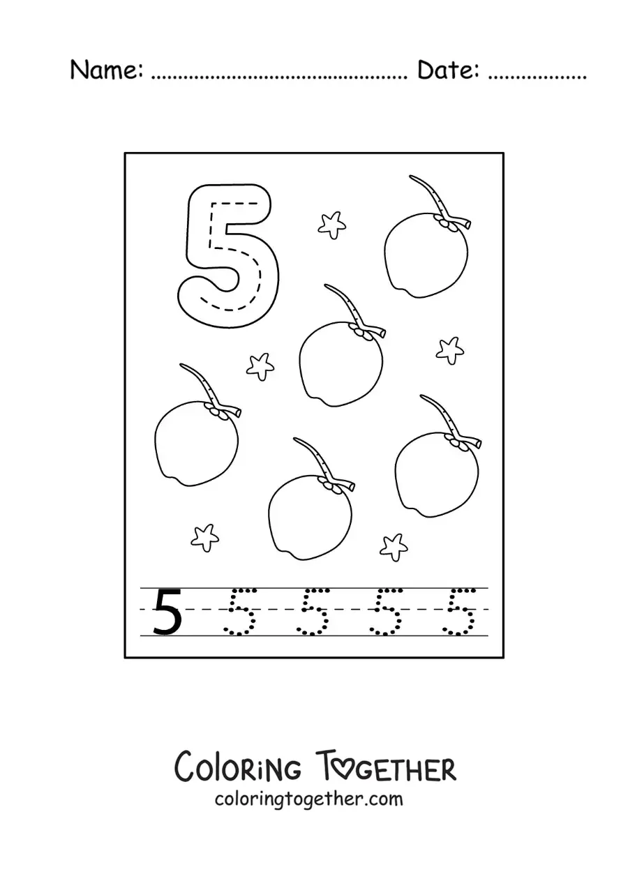 Coloring page of a card to learn to trace the number 5 and count with fruits