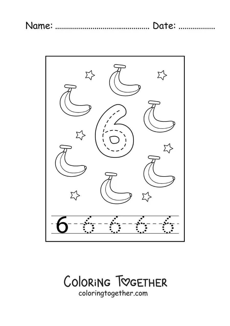 Coloring page of a card to learn to trace the number 6 and count with fruits