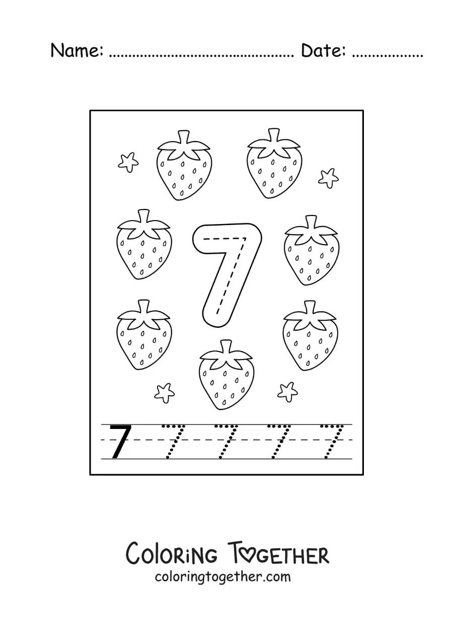 Coloring page of a card to learn to trace the number 7 and count with fruits