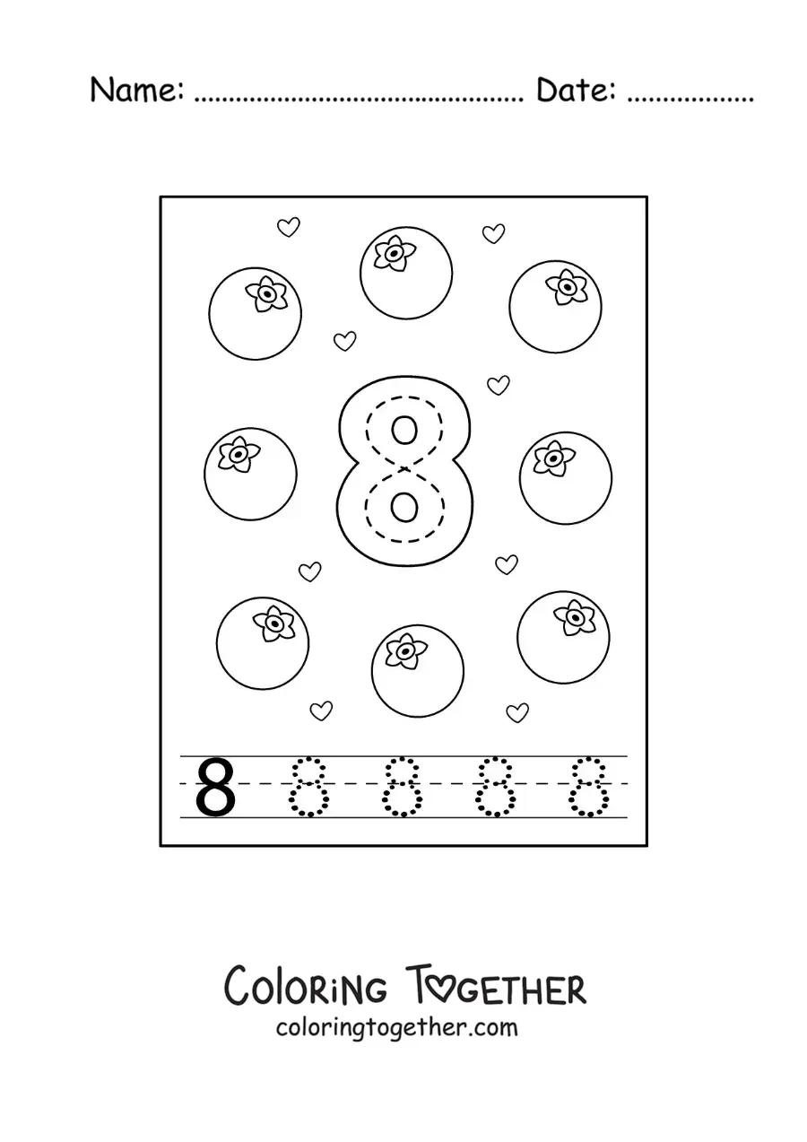 Coloring page of a card to learn to trace the number 8 and count with fruits