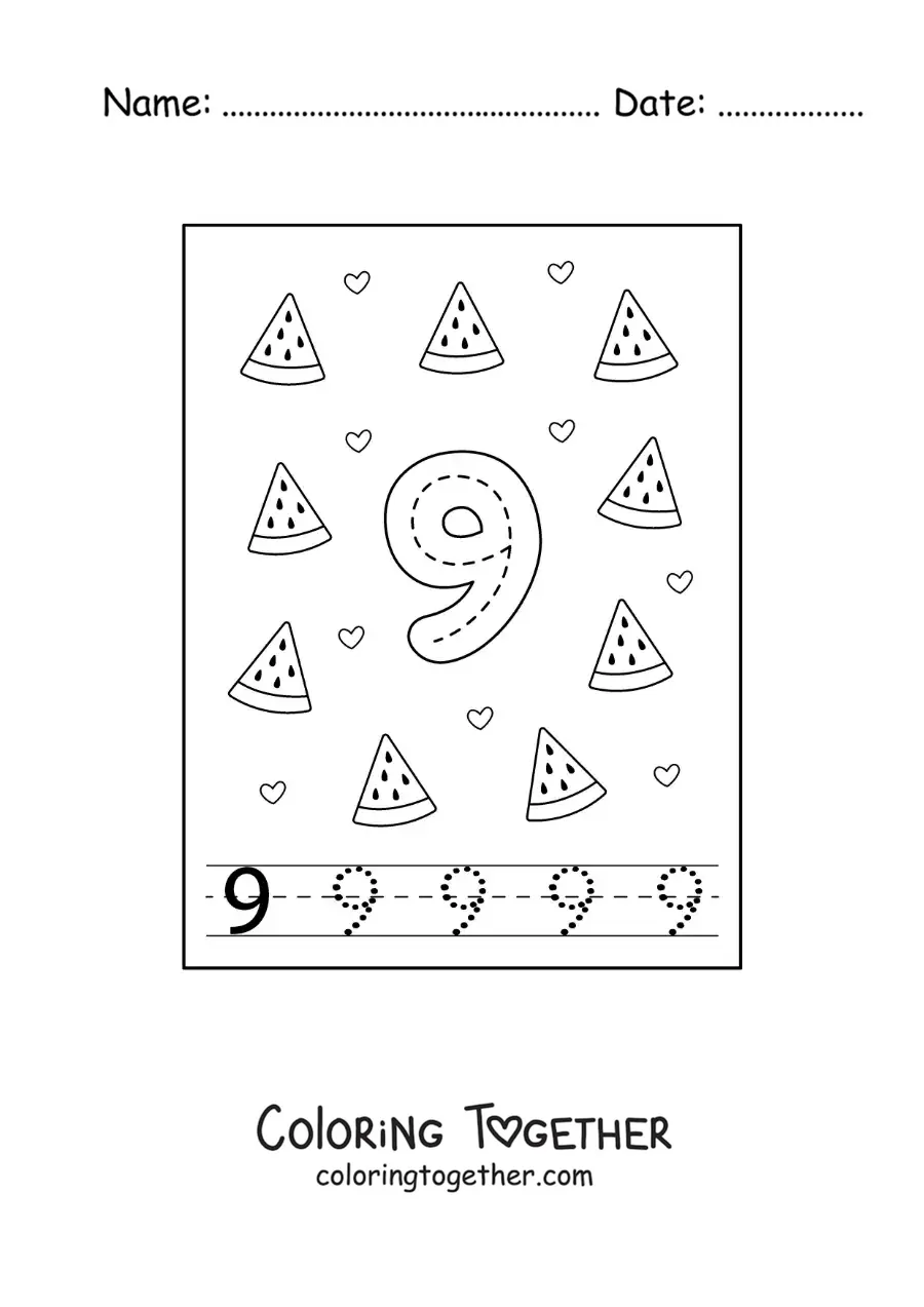 Coloring page of a card to learn to trace the number 9 and count with fruits