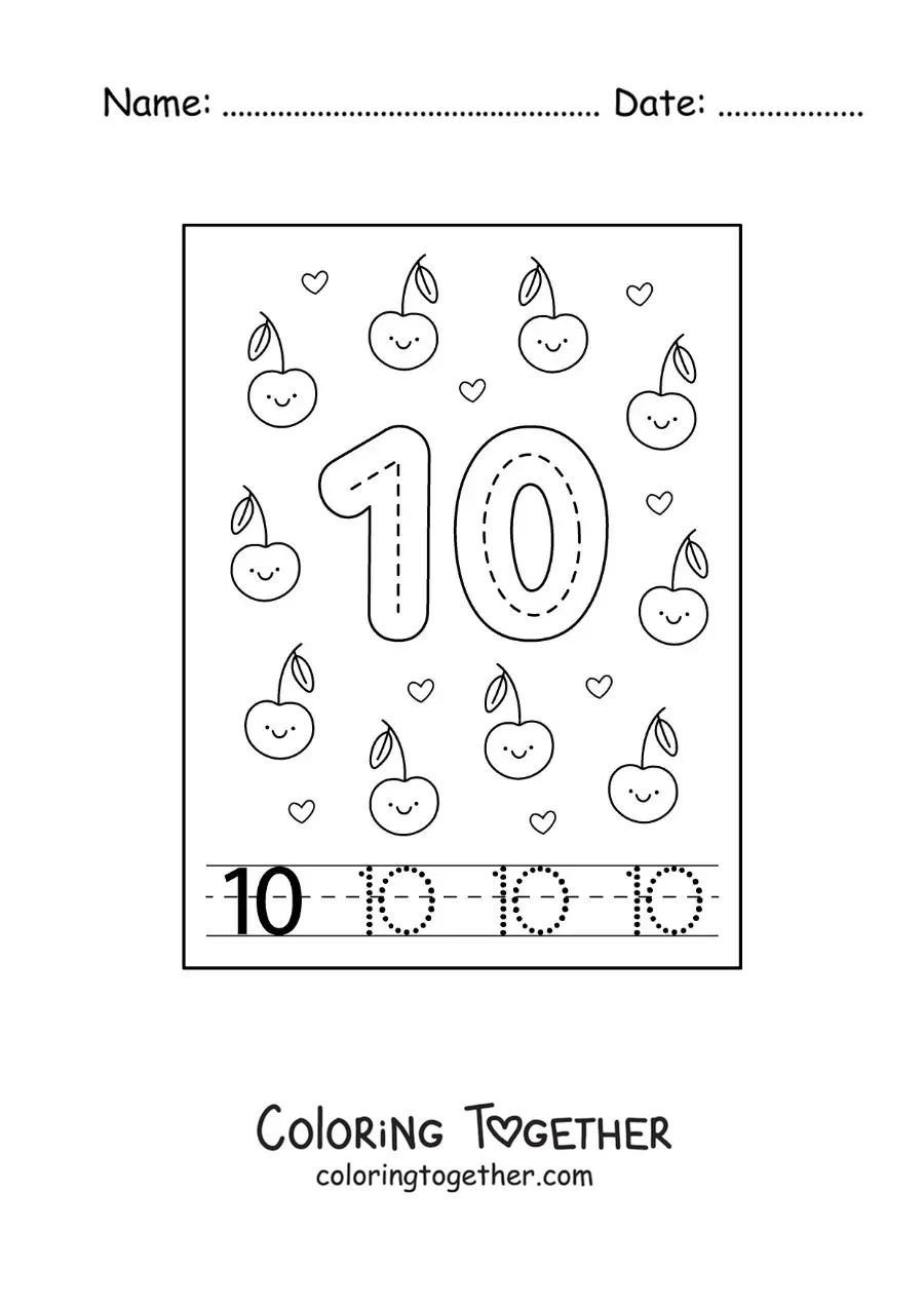 Coloring page of a card to learn to trace the number 10 and count with fruits