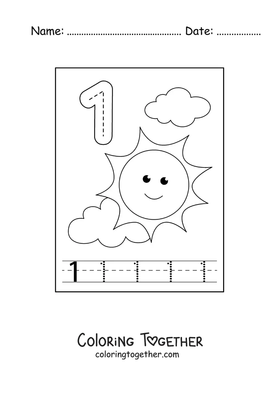 Coloring page of an activity to trace the number 1 and count with cartoons