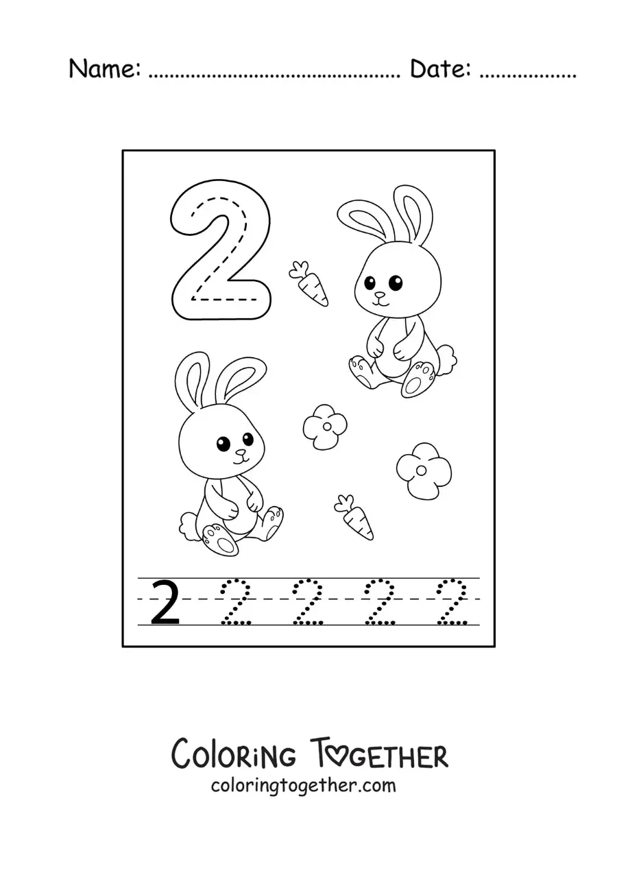 Coloring page of an activity to trace the number 2 and count with cartoons