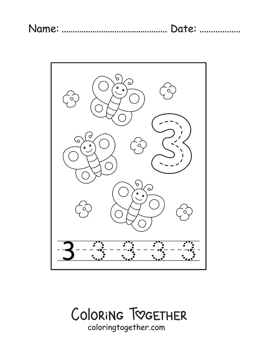 Coloring page of an activity to trace the number 3 and count with cartoons