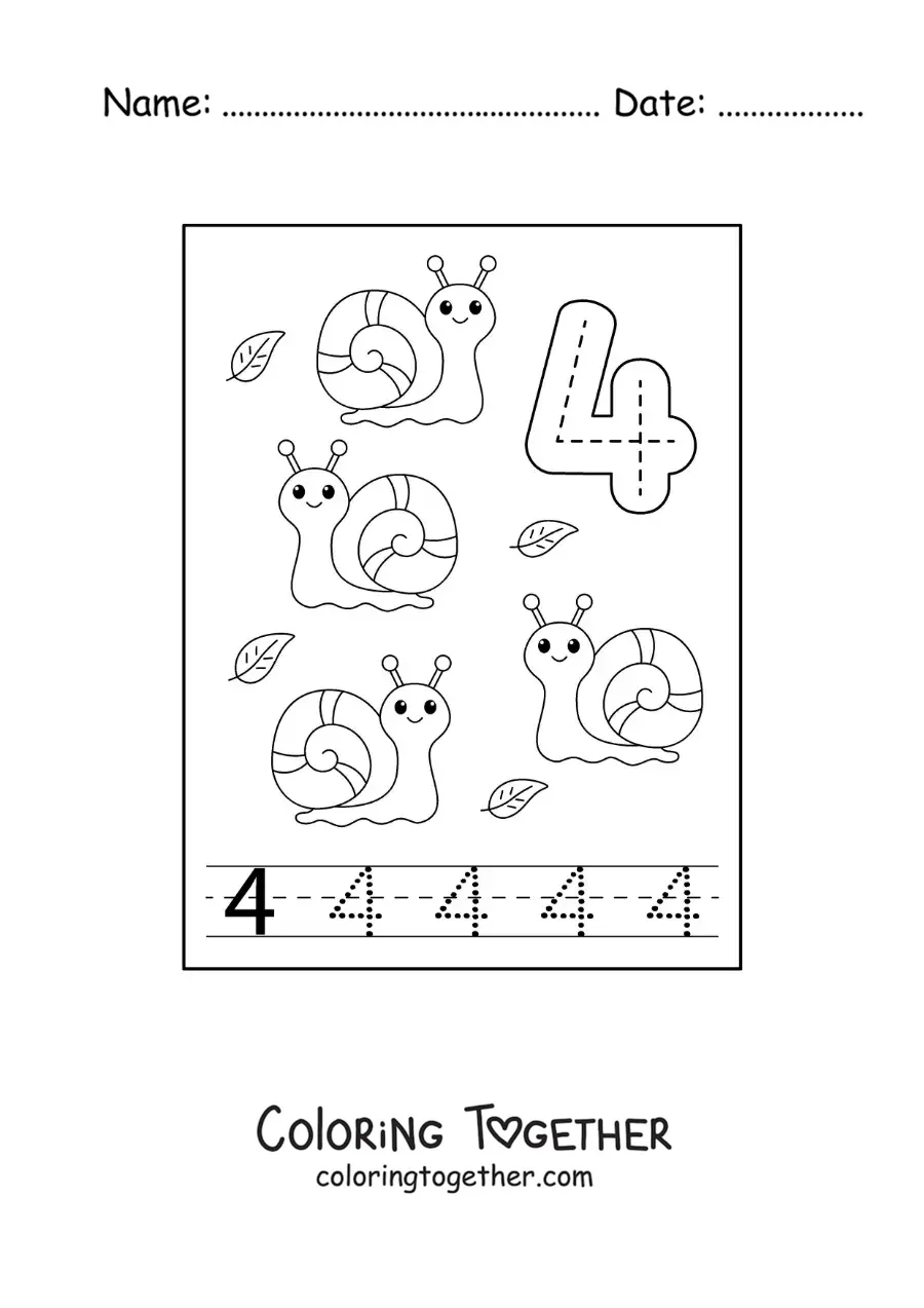 Coloring page of an activity to trace the number 4 and count with cartoons