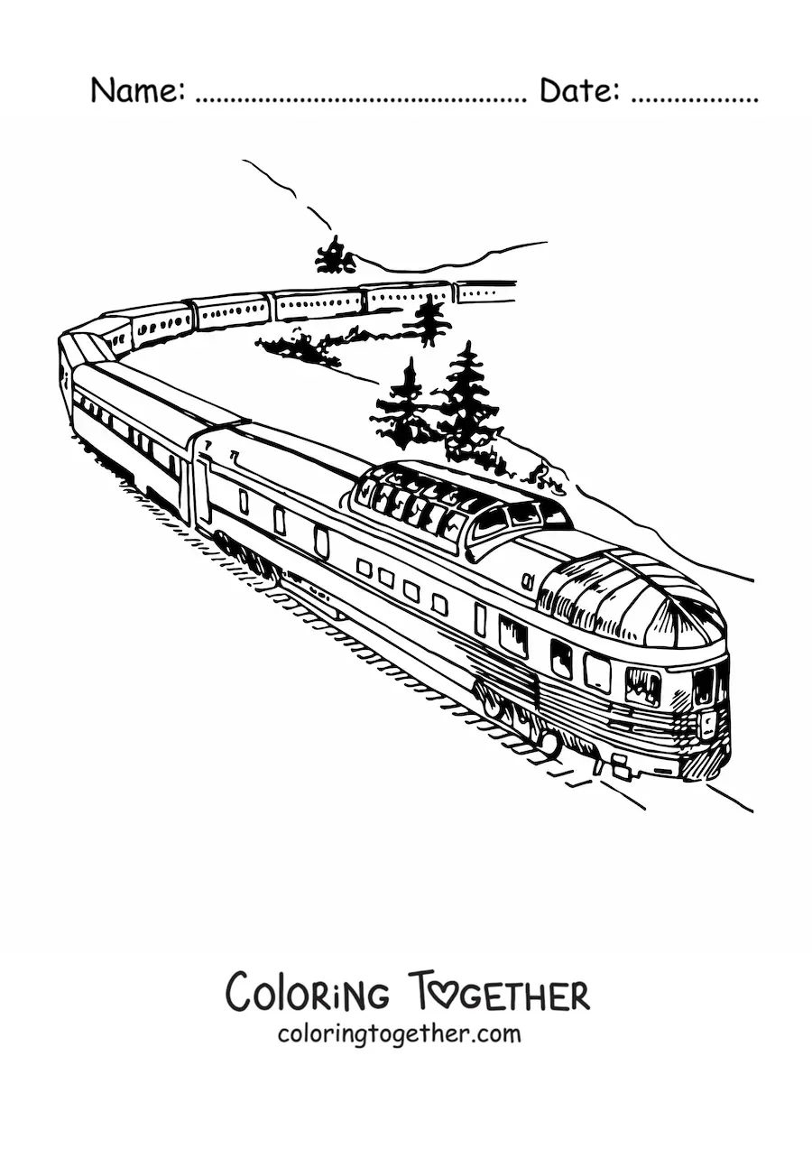 Coloring page of a modern train on tracks in the countryside