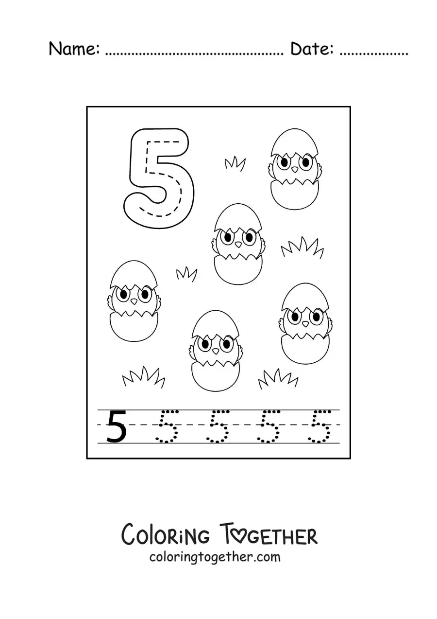 Coloring page of an activity to trace the number 5 and count with cartoons