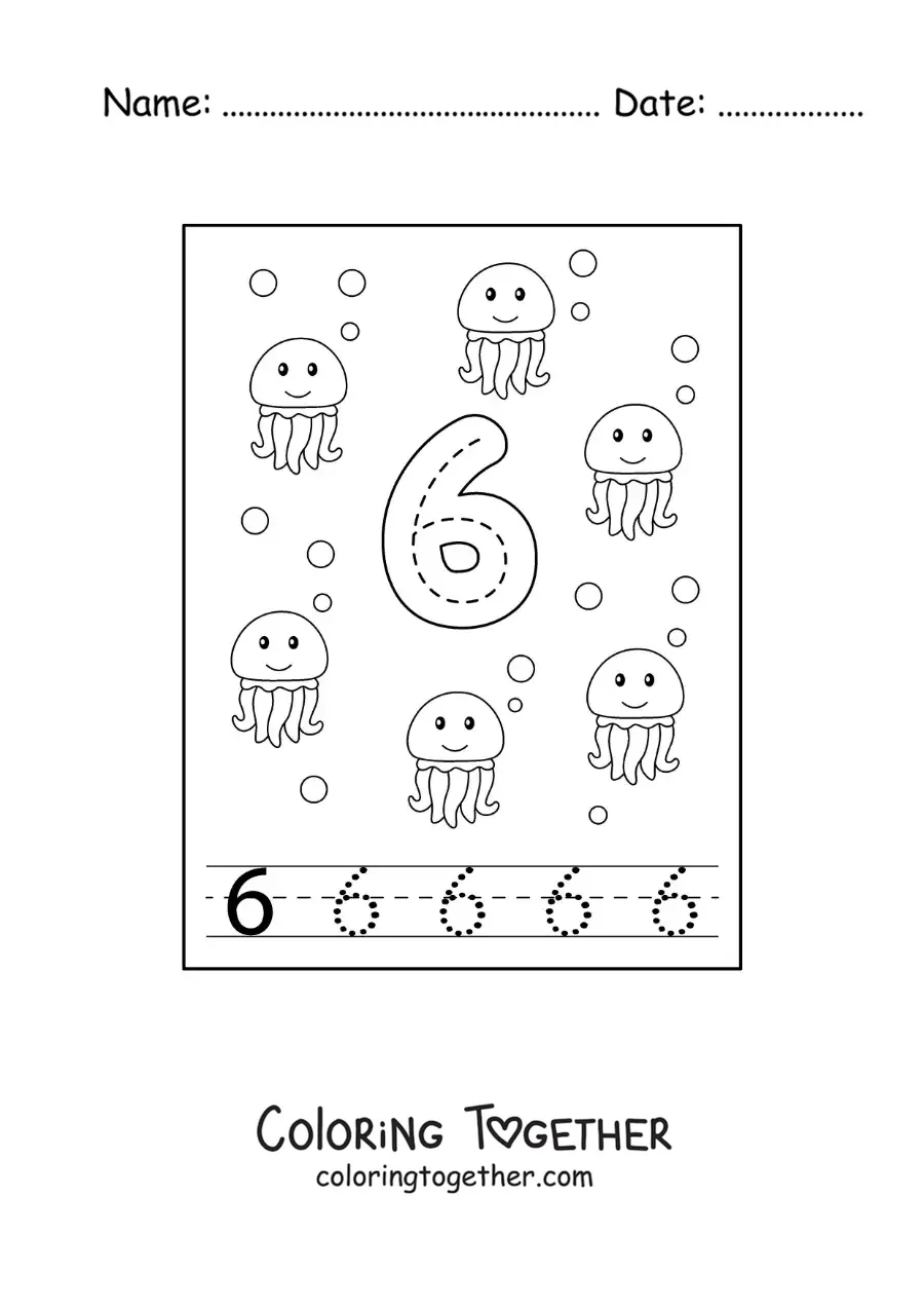 Coloring page of an activity to trace the number 6 and count with cartoons