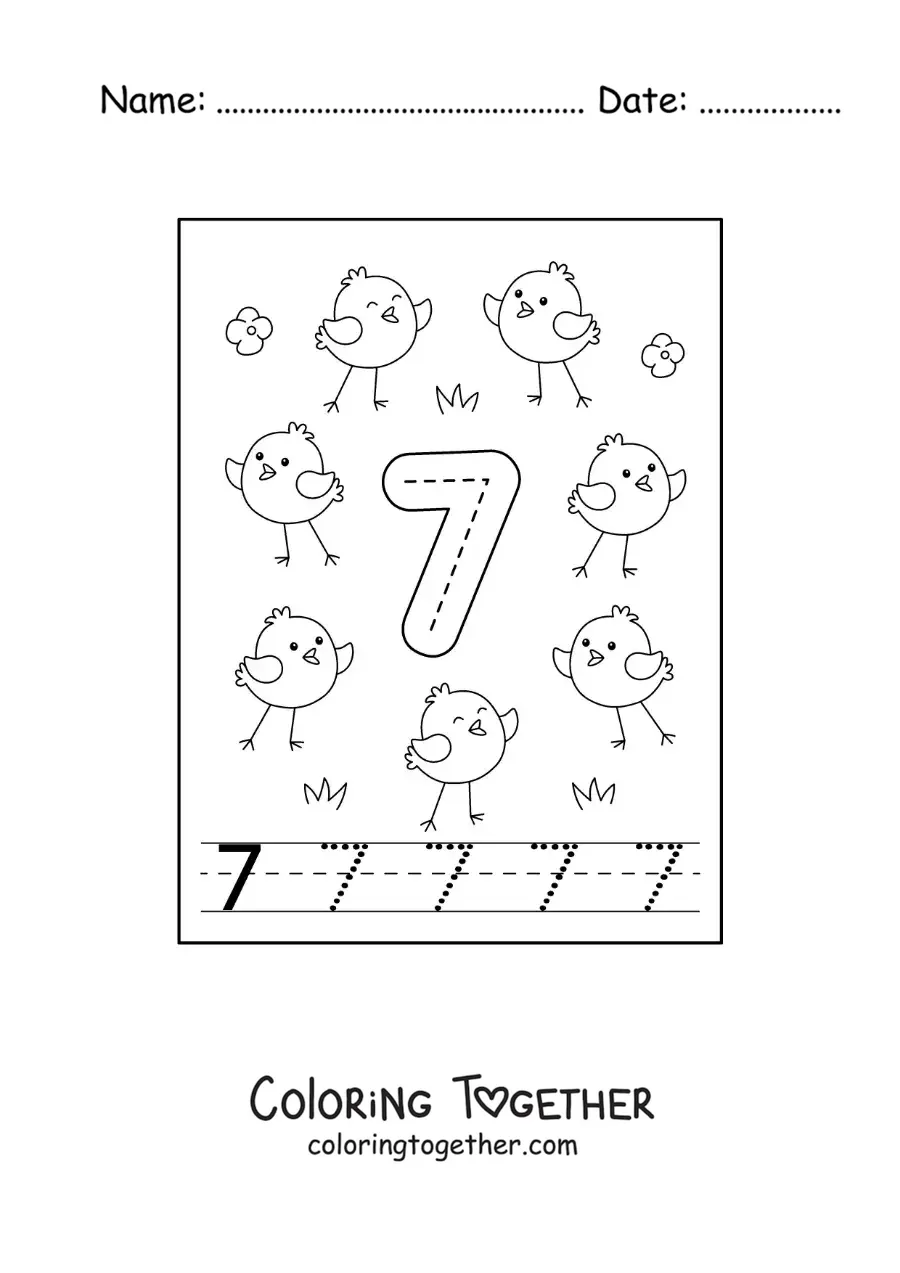 Coloring page of an activity to trace the number 7 and count with cartoons