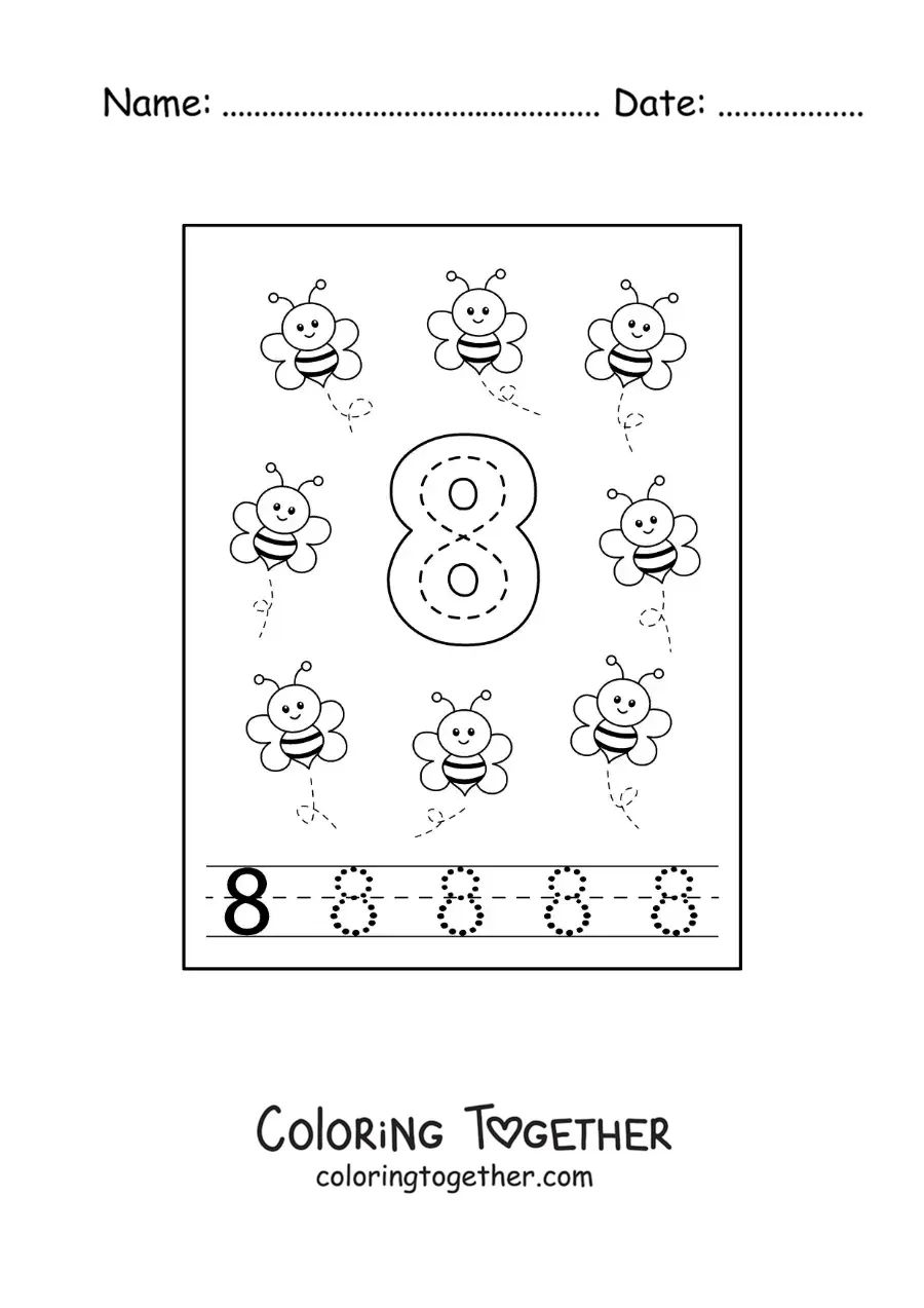 Coloring page of an activity to trace the number 8 and count with cartoons