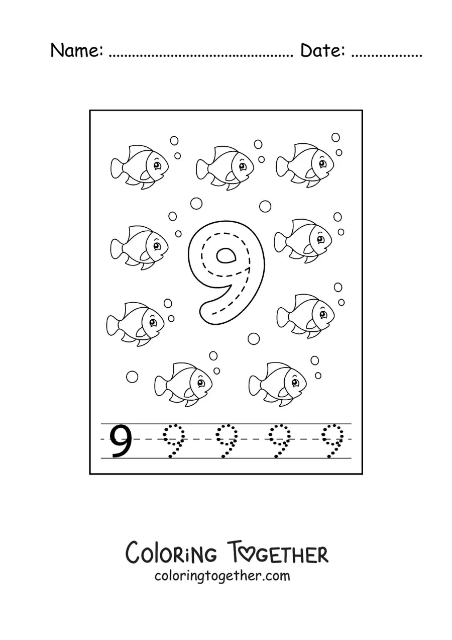 Coloring page of an activity to trace the number 9 and count with cartoons