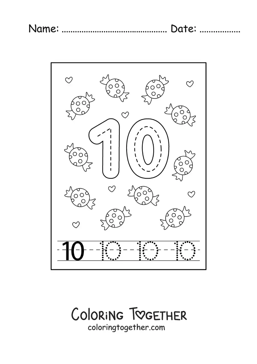 Coloring page of an activity to trace the number 10 and count with cartoons