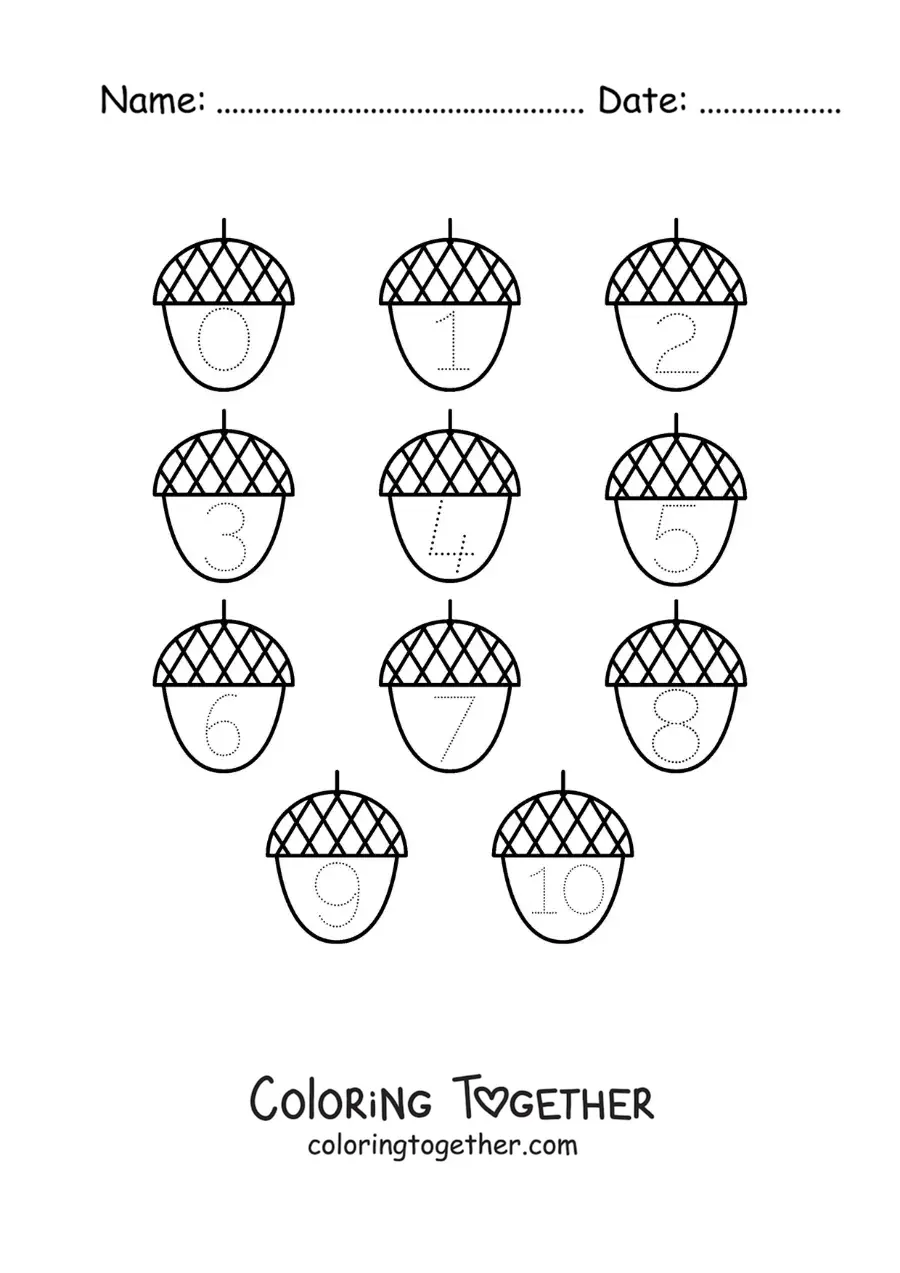 Coloring page of an activity to trace the numbers from 1 to 10 with acorns