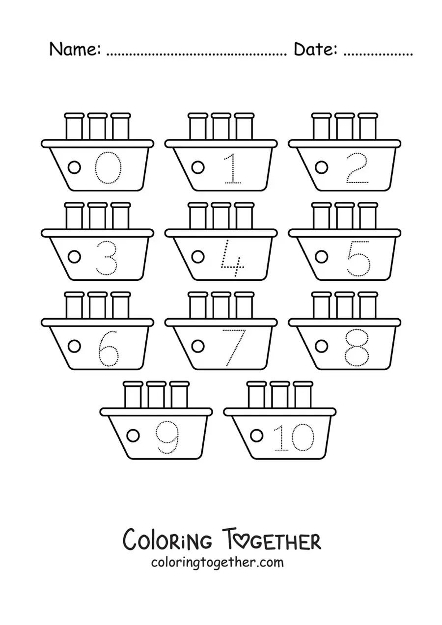 Coloring page of an activity to trace the numbers from 1 to 10 with boats