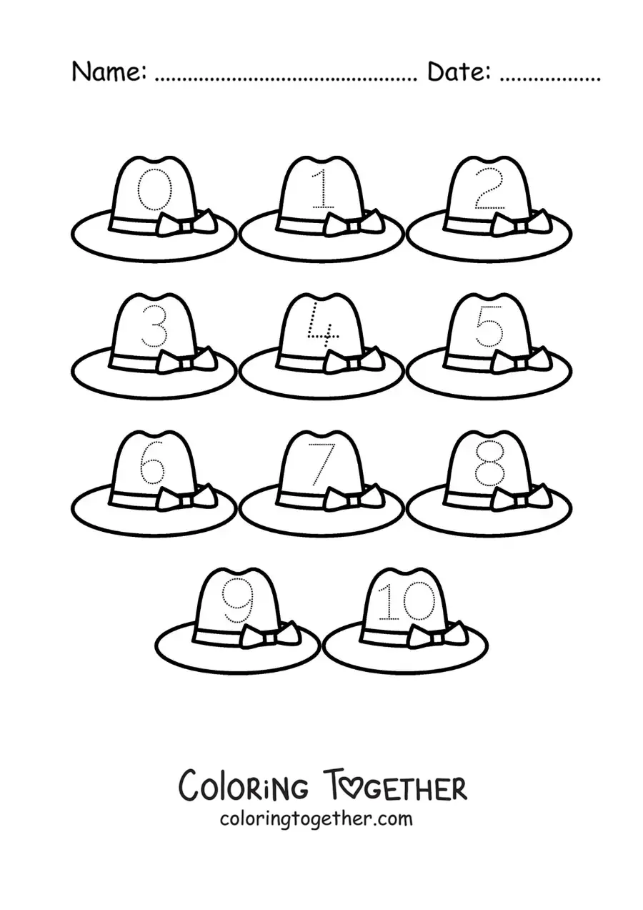 Coloring page of an activity to trace the numbers from 1 to 10 with hats