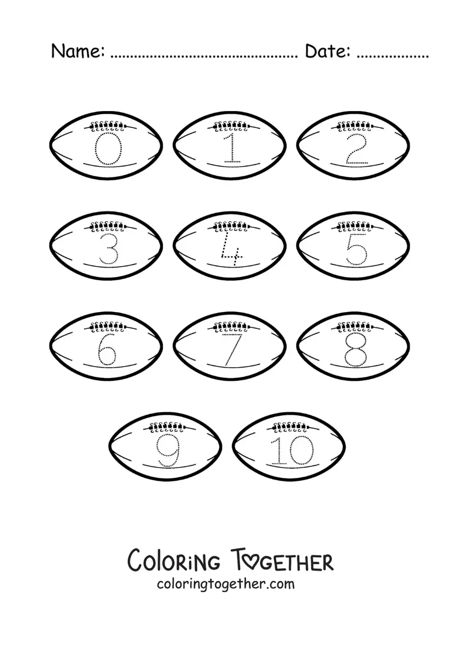 Coloring page of an activity to trace the numbers from 1 to 10 with balls