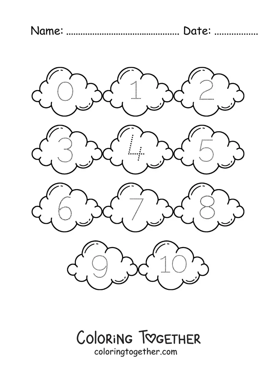 Coloring page of an activity to trace the numbers from 1 to 10 with clouds