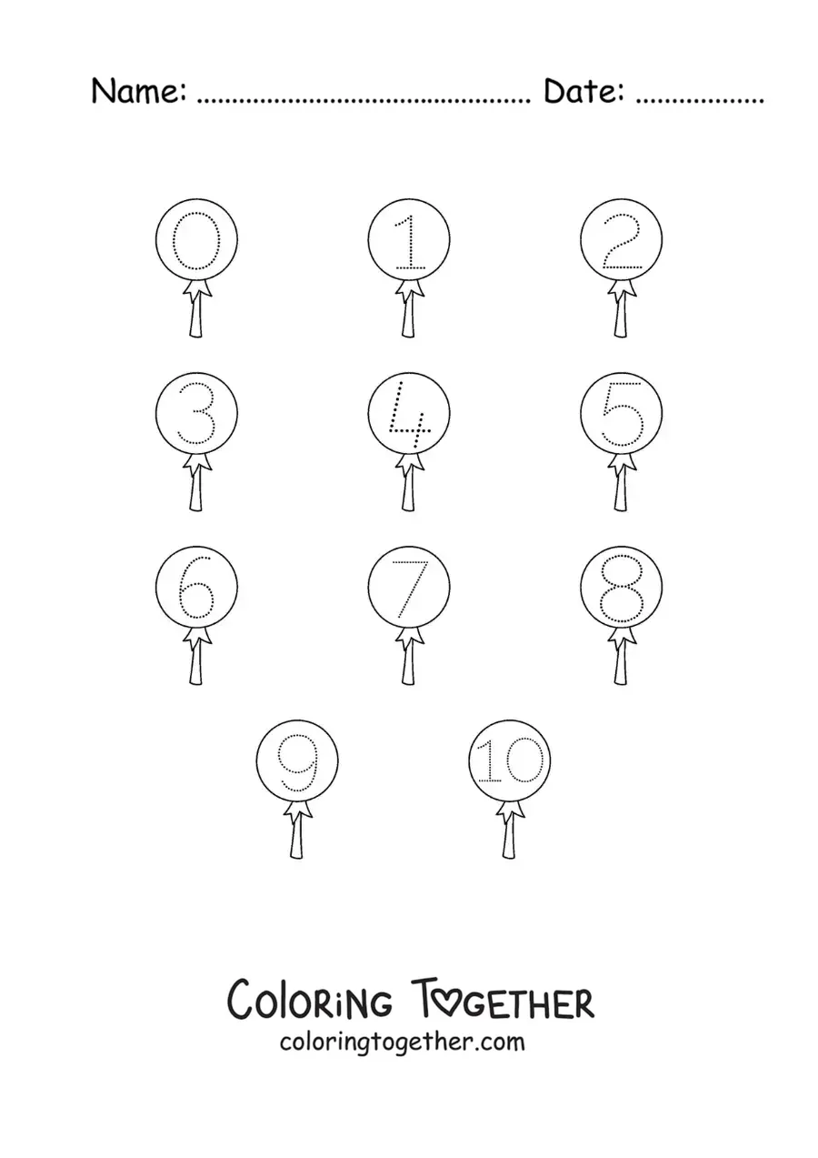 Coloring page of an activity to trace the numbers from 1 to 10 with sweets