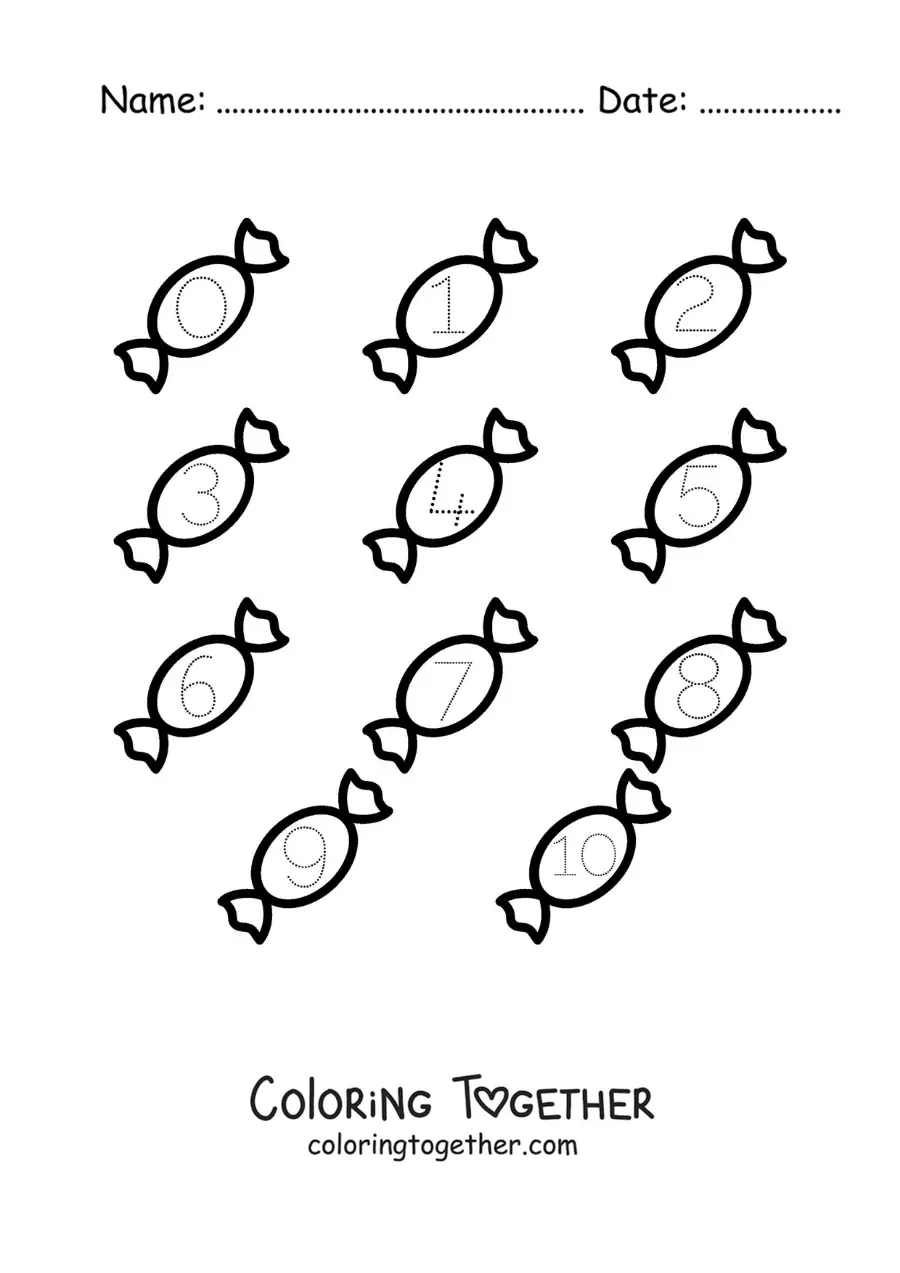 Coloring page of an activity to trace the numbers from 1 to 10 with candies