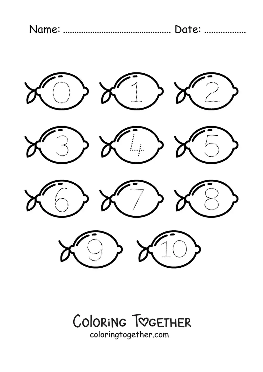 Coloring page of an activity to trace the numbers from 1 to 10 with lemons