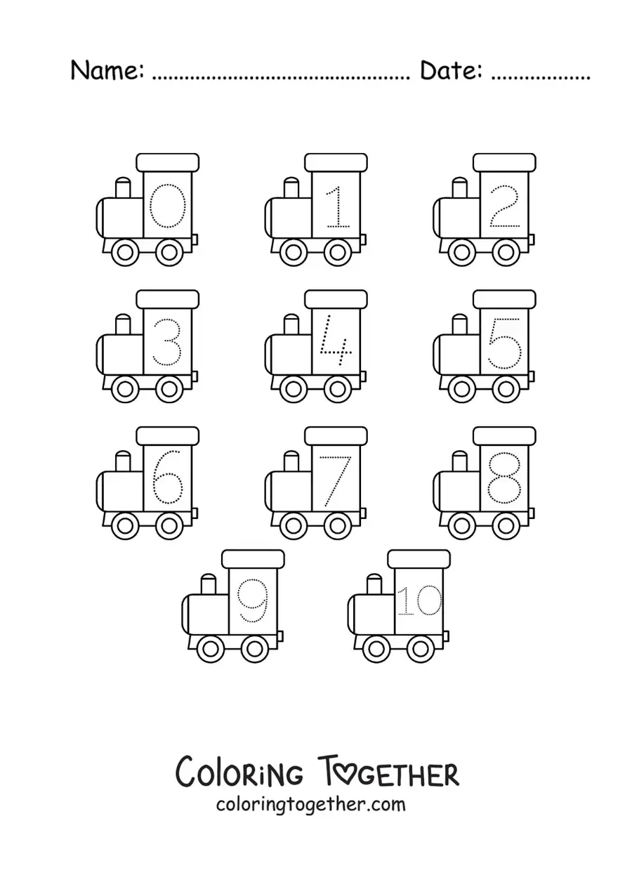 Coloring page of an activity to trace the numbers from 1 to 10 with trains