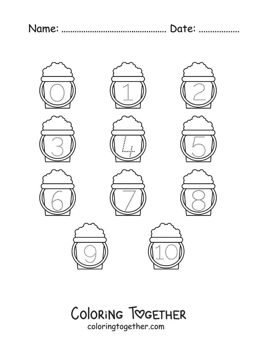 Coloring page of an activity to trace the numbers from 1 to 10 with sand buckets