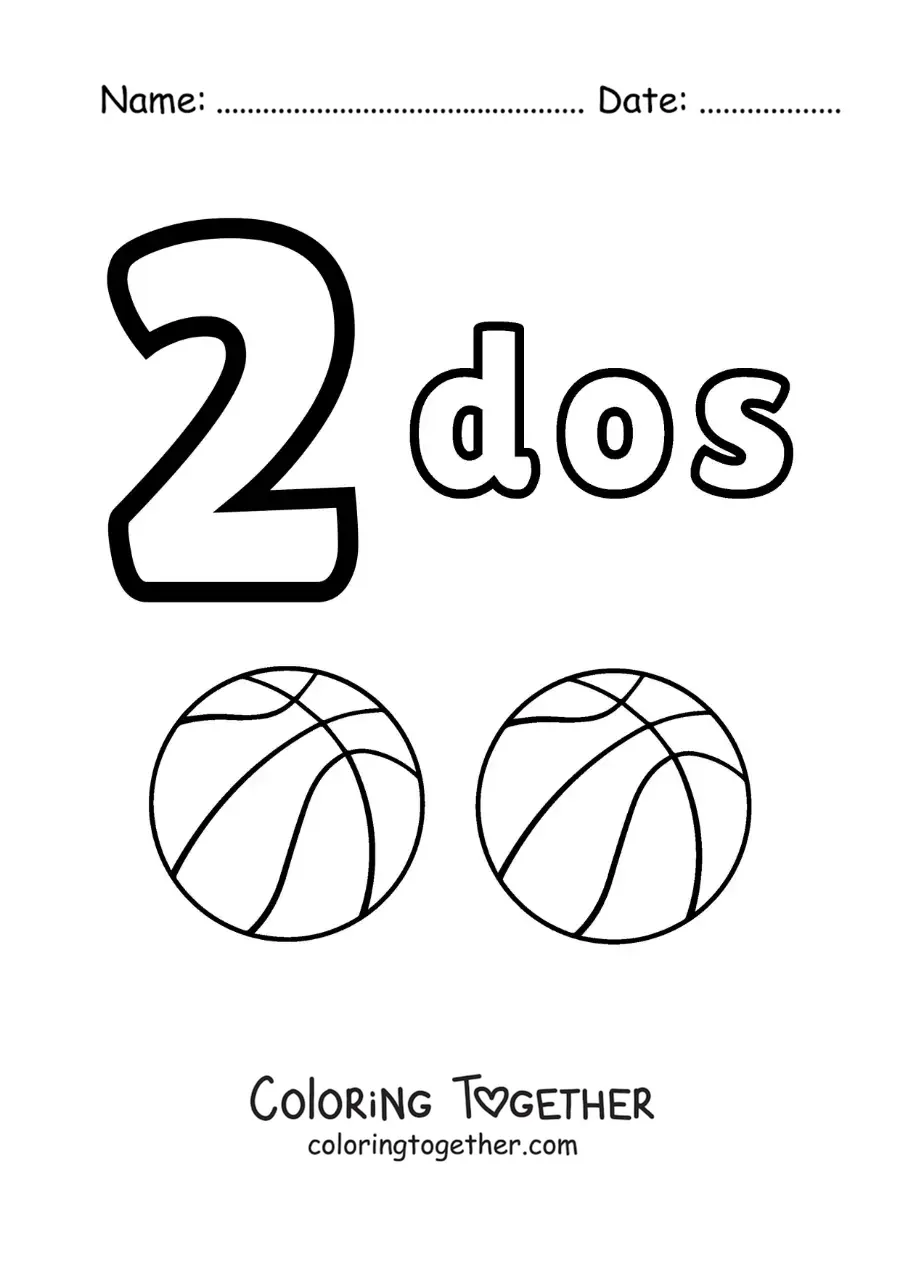 Coloring page of a number 2 worksheet to learn to count with fun drawings