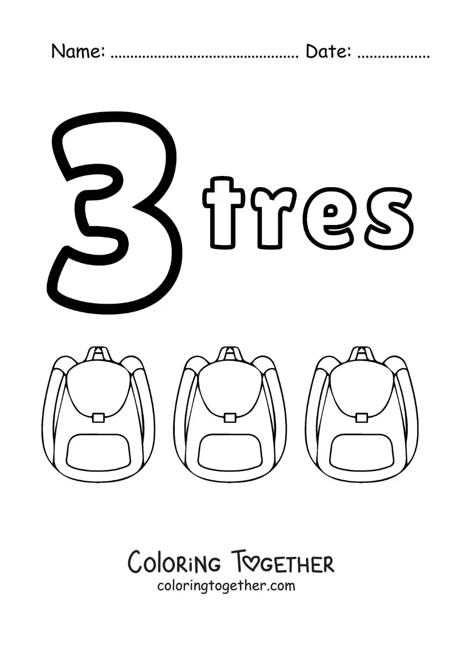 Coloring page of a number 3 worksheet to learn to count with fun drawings