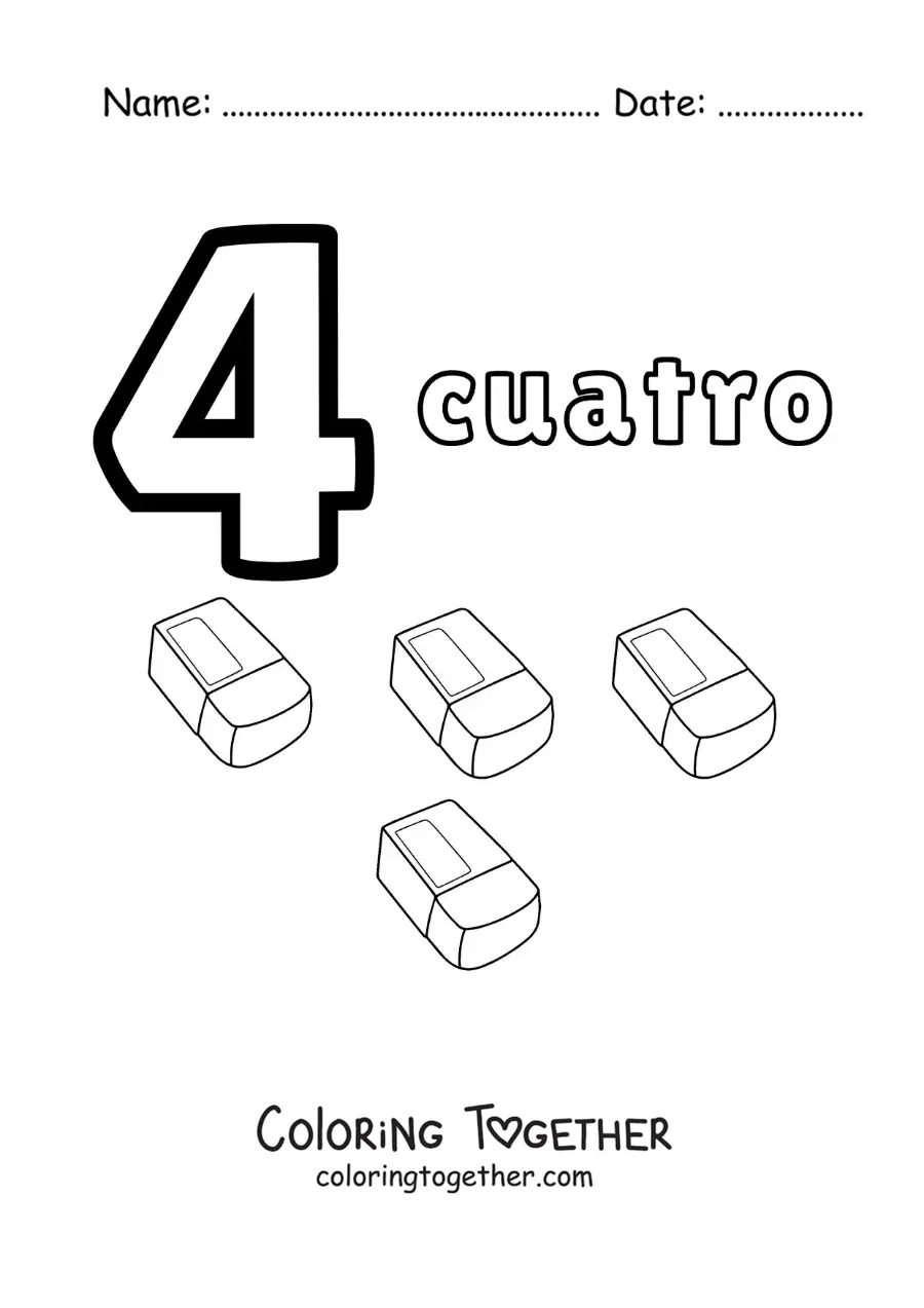 Coloring page of a number 4 worksheet to learn to count with fun drawings